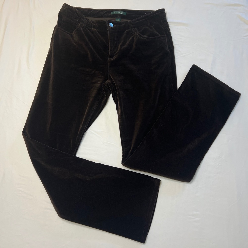 Lauren Ralph Lauren Brown Velvet Pants Straight Leg Size 8 Cotton Blend Stretch